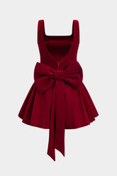 Velvet Pleated Bow Backless Zipper Slip Mini Dress